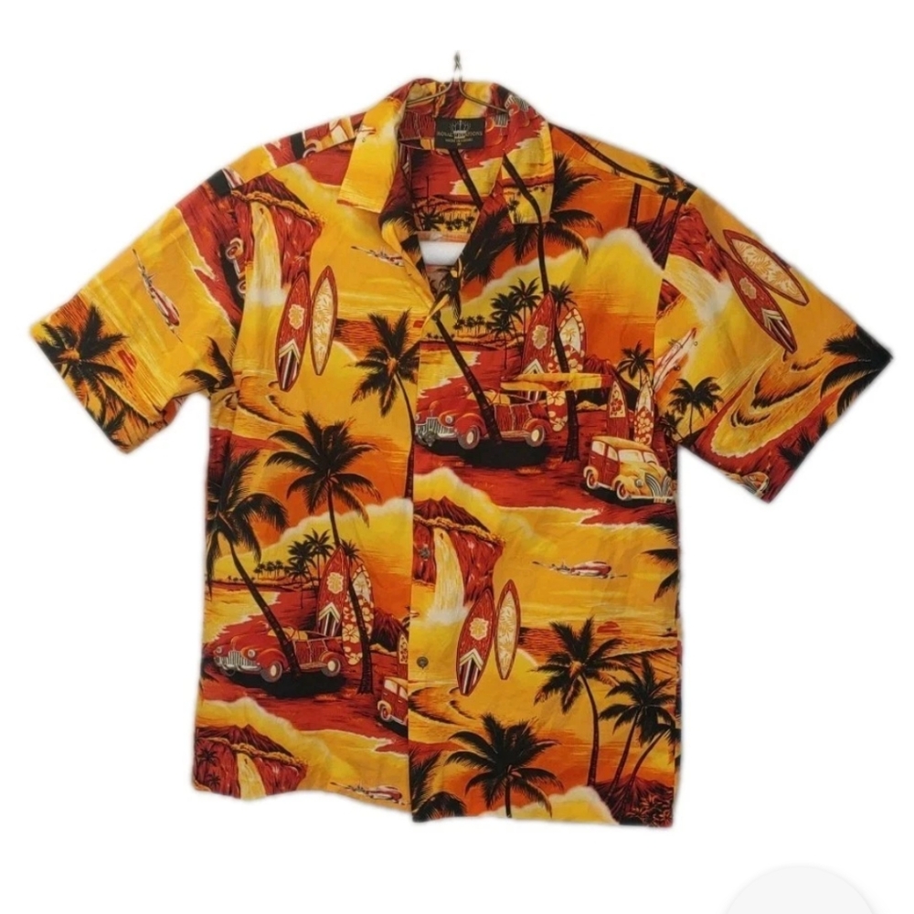 Royal Creations Hawaiian Shirt Med Retro Woody Cars Surfboards Sunset